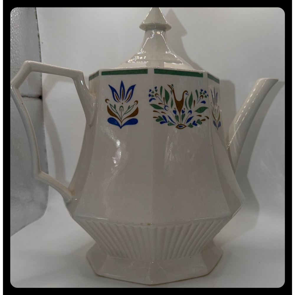 Independence Ironstone Coffee Pot Home Cream Multi Floral Bird Vintage Server